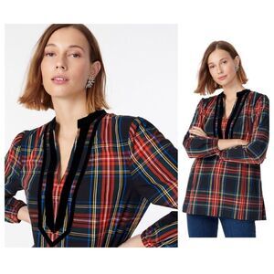 J CREW Top Blouse Women XS Velvet-trimmed V-neck tunic Stewart tartan plaid
